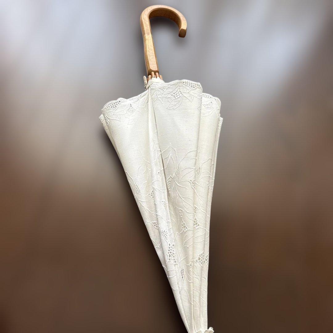 希少☆レース 日傘 昭和レトロ アンティーク 麻 日本製 ラタン 長傘 ベージュ