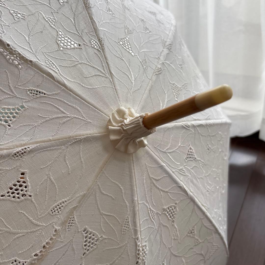 希少☆レース 日傘 昭和レトロ アンティーク 麻 日本製 ラタン 長傘 ベージュ