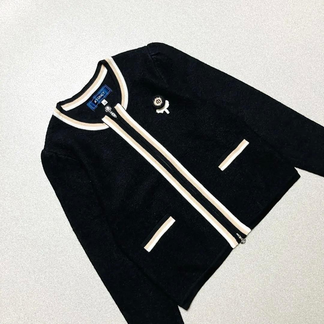 【美品✨24年モデル】エムズグレイシー 圧縮ニット配色 ノーカラージャケット