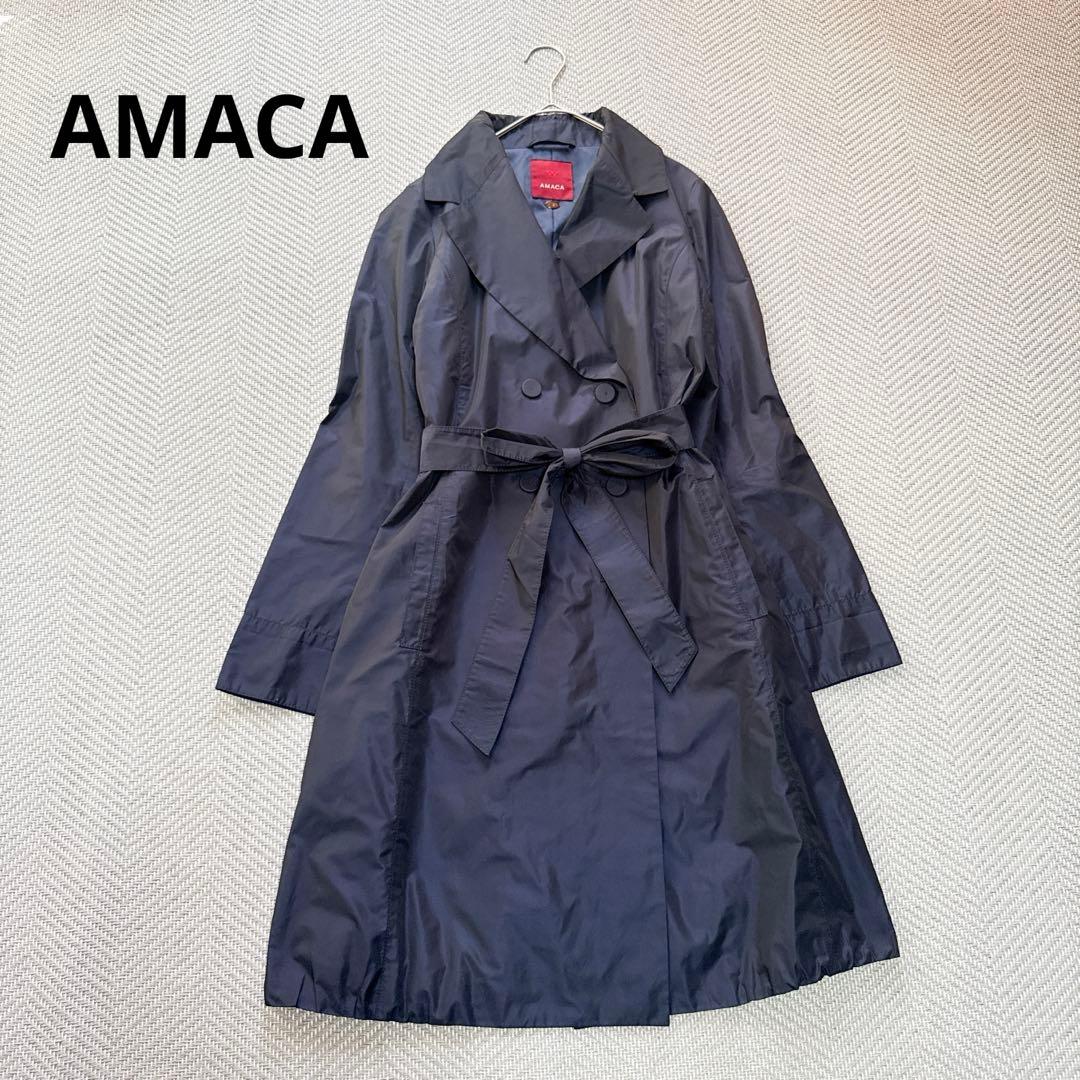極美品 AMACA アマカ ナイロントレンチコート ベルト ネイビー Lサイズ