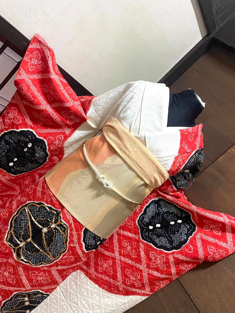 振袖フルセット6点サイズS〜M 駒刺繍　絞り　花蝶文　向かい鶴やまと誂製　正絹