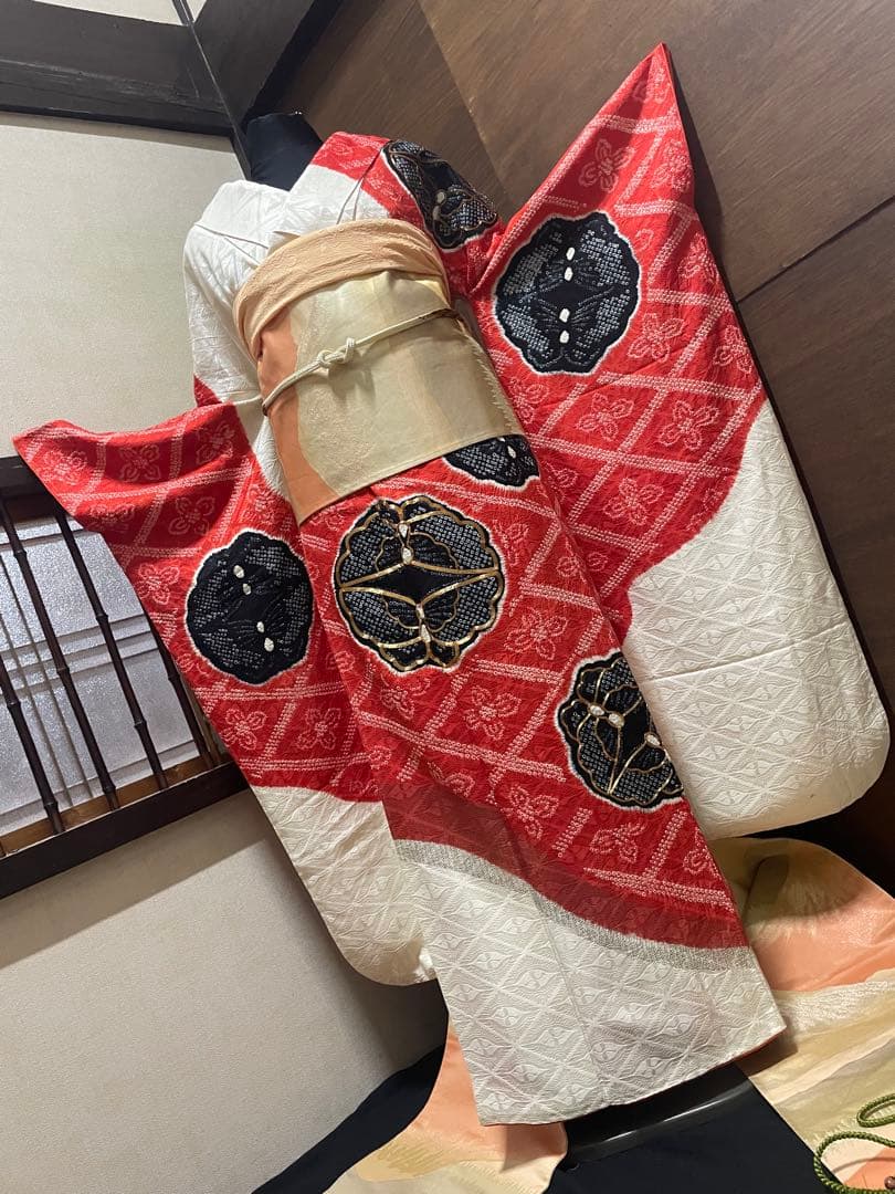 振袖フルセット6点サイズS〜M 駒刺繍　絞り　花蝶文　向かい鶴やまと誂製　正絹