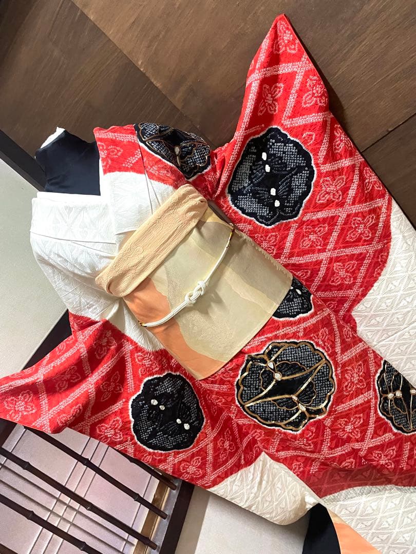 振袖フルセット6点サイズS〜M 駒刺繍　絞り　花蝶文　向かい鶴やまと誂製　正絹