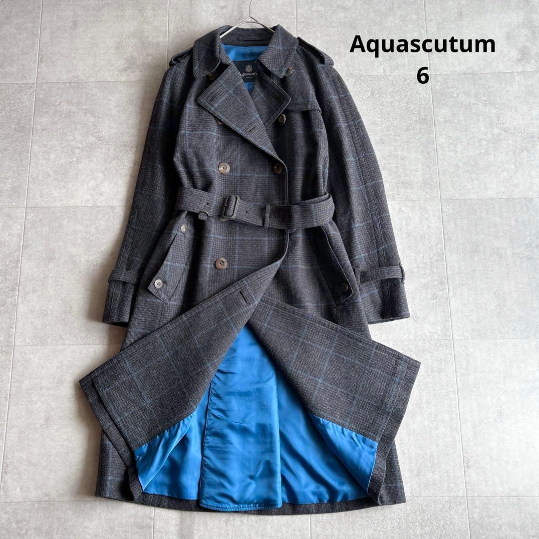 【希少】アクアスキュータム ウール グレンチェック トレンチコート グレー 6