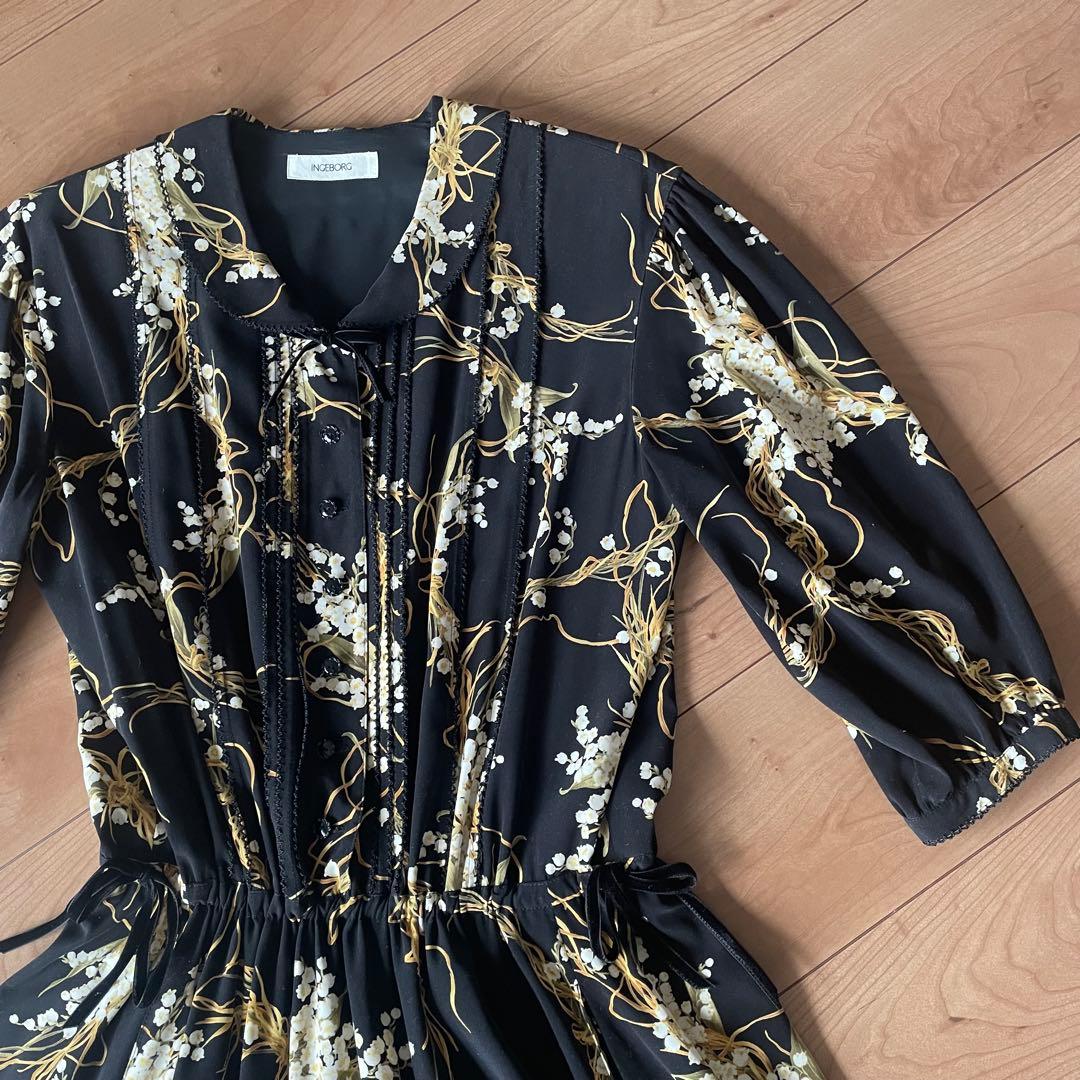 INGEBORG すずらん柄 花柄　七分袖 ロングワンピース