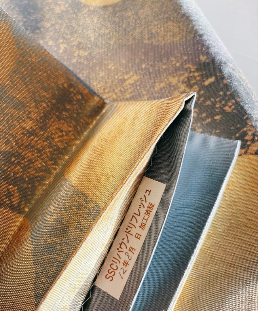 手描きの鶏ニワトリとひよこが可愛い箔の袋帯　六通　グレー灰色金箔銀箔