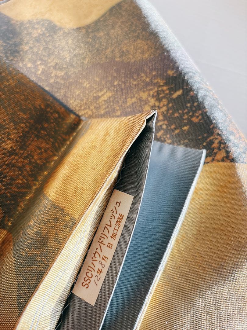 手描きの鶏ニワトリとひよこが可愛い箔の袋帯　六通　グレー灰色金箔銀箔