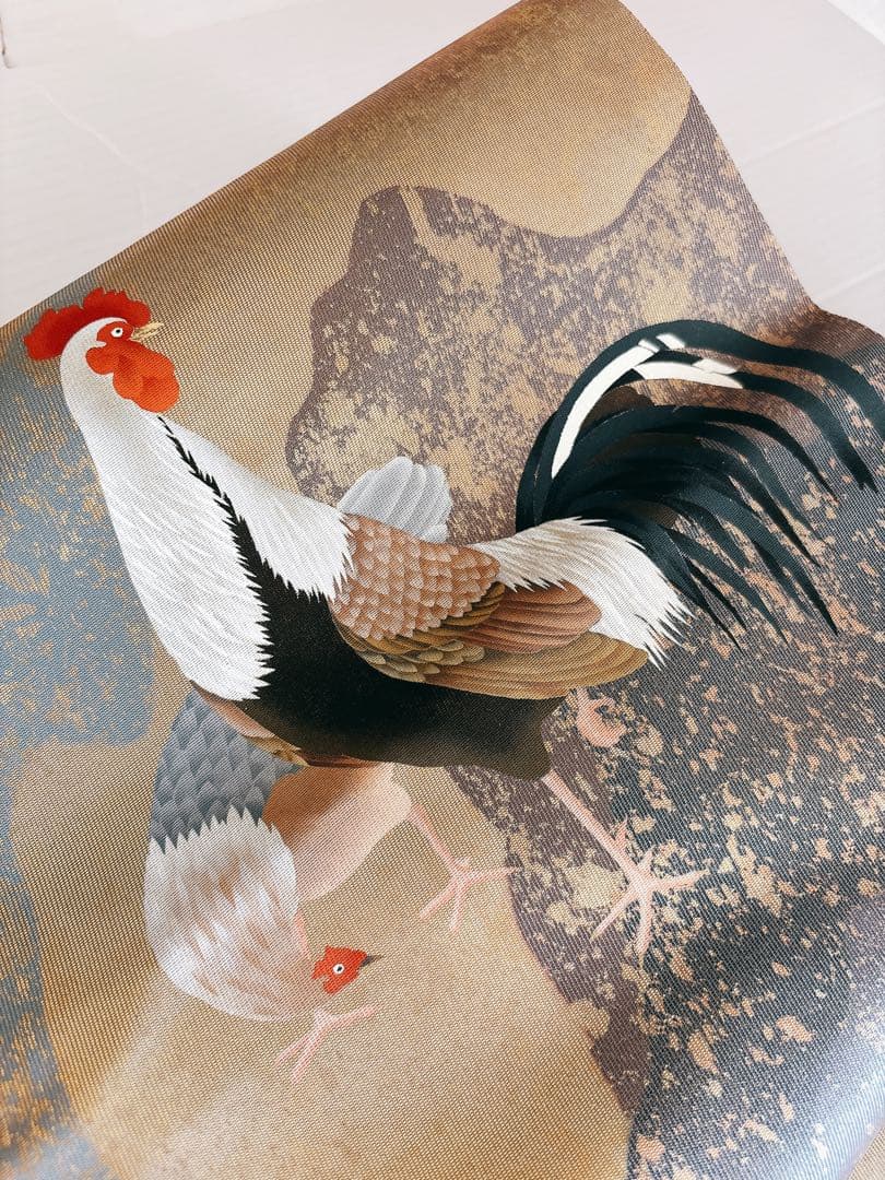 手描きの鶏ニワトリとひよこが可愛い箔の袋帯　六通　グレー灰色金箔銀箔