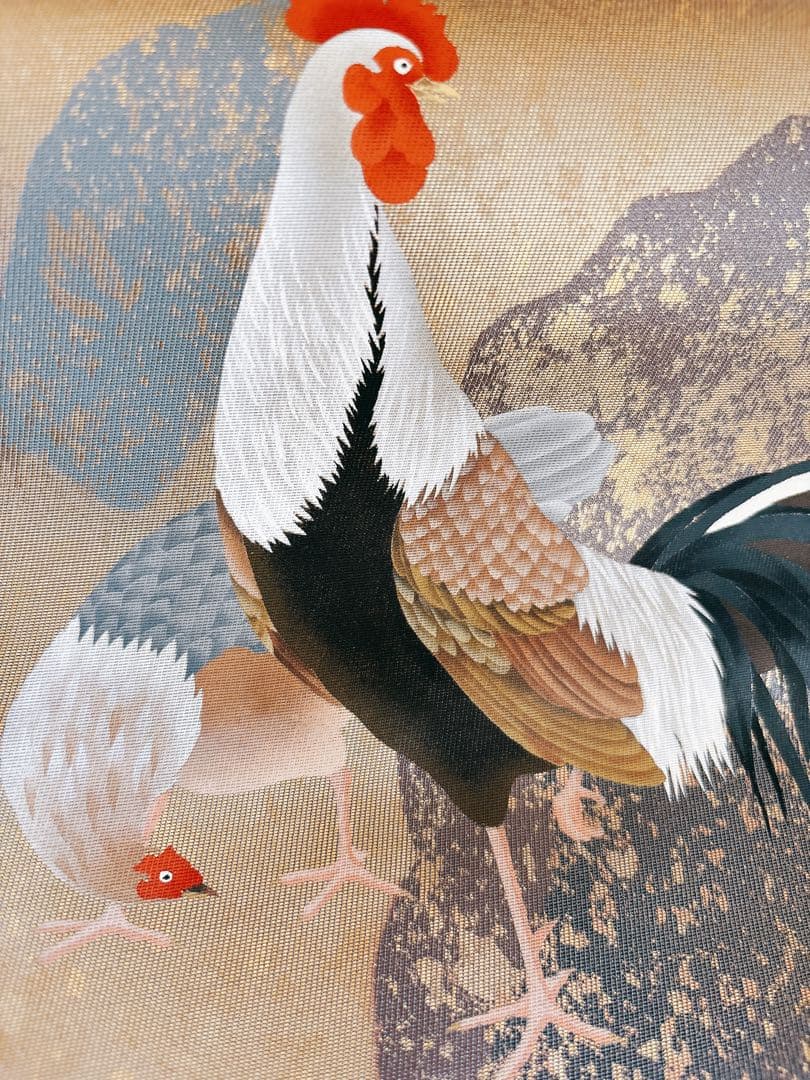 手描きの鶏ニワトリとひよこが可愛い箔の袋帯　六通　グレー灰色金箔銀箔