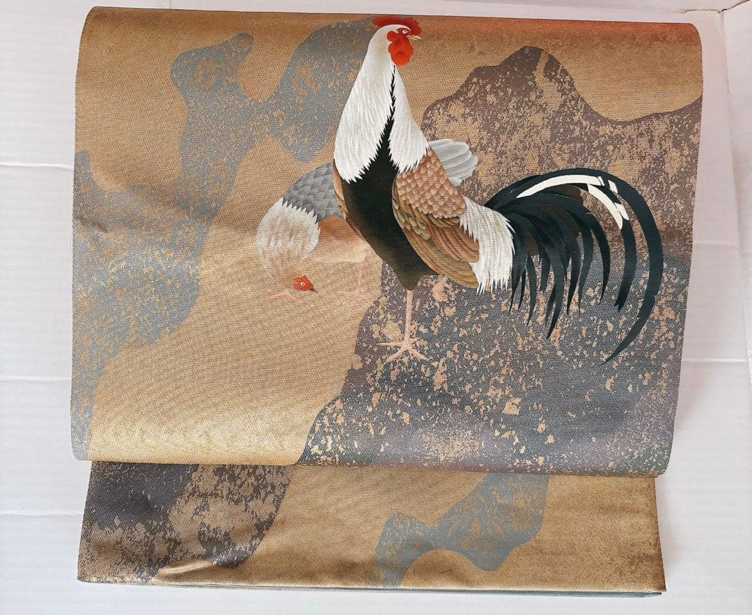 手描きの鶏ニワトリとひよこが可愛い箔の袋帯　六通　グレー灰色金箔銀箔