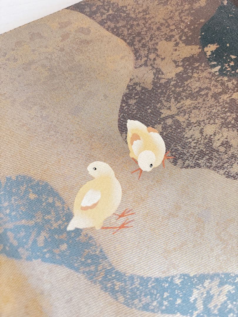 手描きの鶏ニワトリとひよこが可愛い箔の袋帯　六通　グレー灰色金箔銀箔