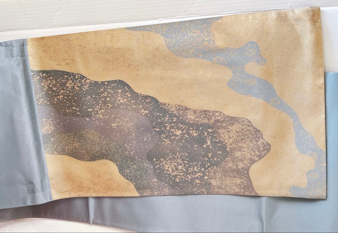 手描きの鶏ニワトリとひよこが可愛い箔の袋帯　六通　グレー灰色金箔銀箔