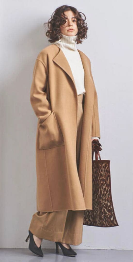 ユナイテッドアローズ　ダブルフェイスノーカラーロングコート　キャメル　36