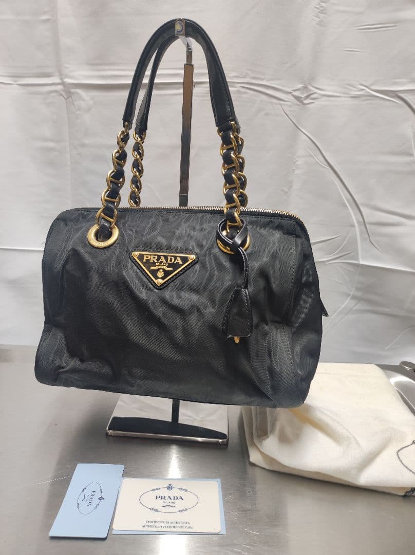 美品 PRADA Tessuto Catena ブラックハンドバッグ
