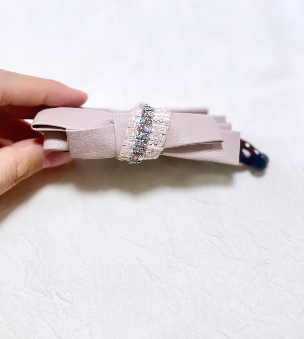 【美品】COMPLEX BIZ バナナクリップ リボン 革 スワロフスキー