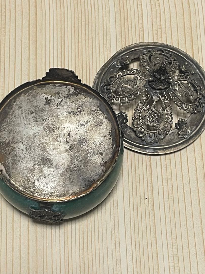 アンティーク 中国 足銀刻印 銀装飾 香炉 翡翠色 古美術 重量約228g