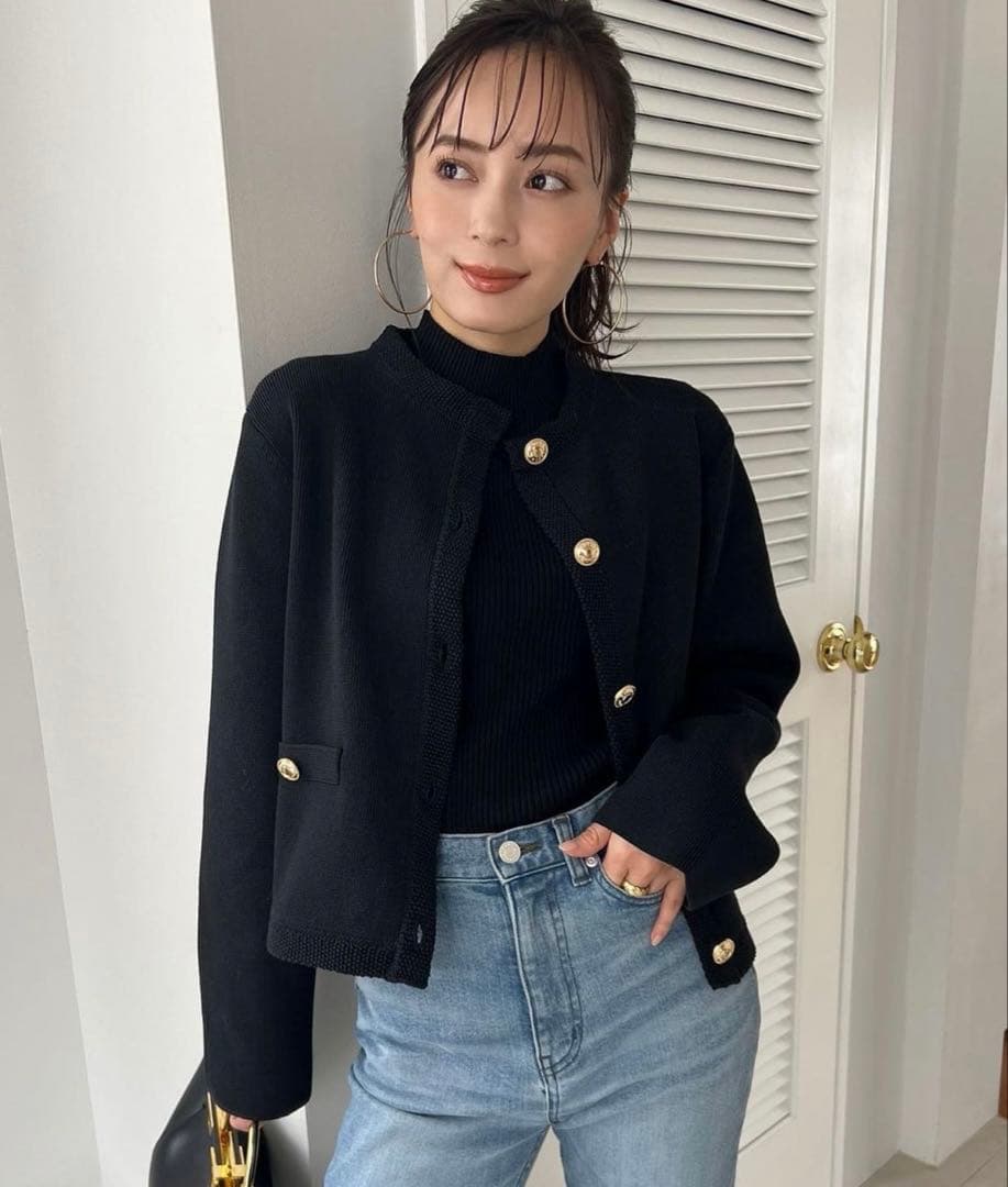 anuans オリジナルボタンノーカラーニットジャケット BLACK