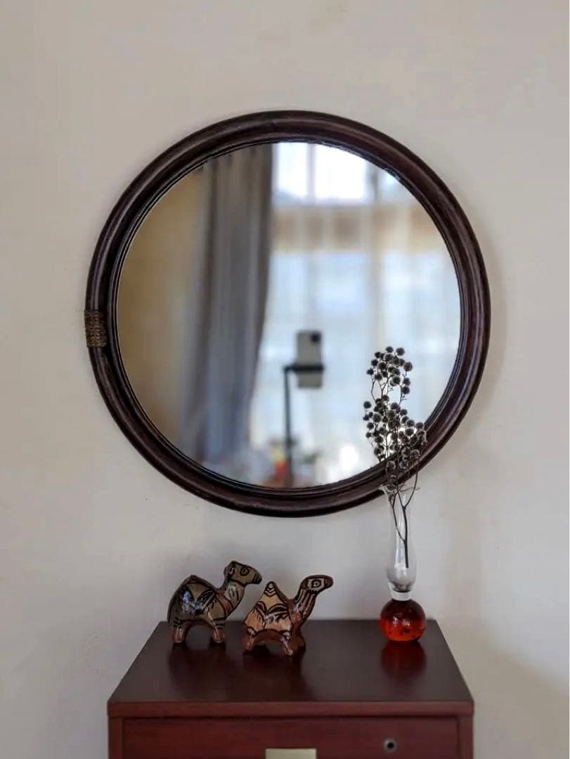 ラタンのミラー　円形 ブラウン 直径50cm