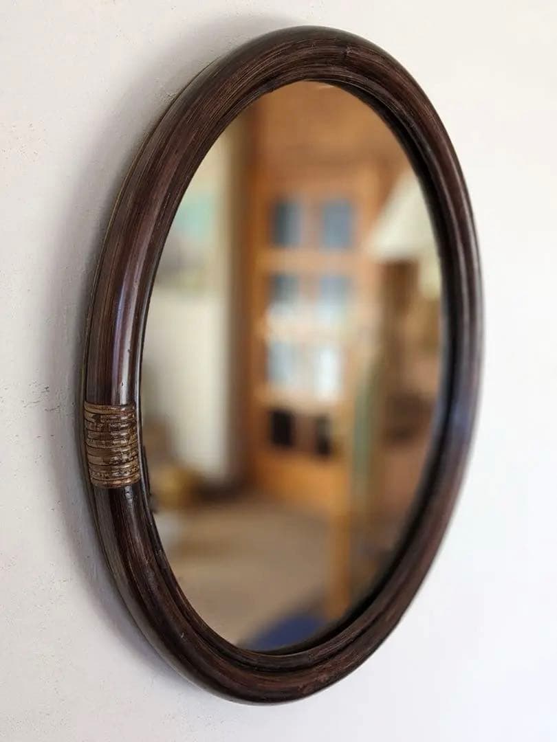 ラタンのミラー　円形 ブラウン 直径50cm