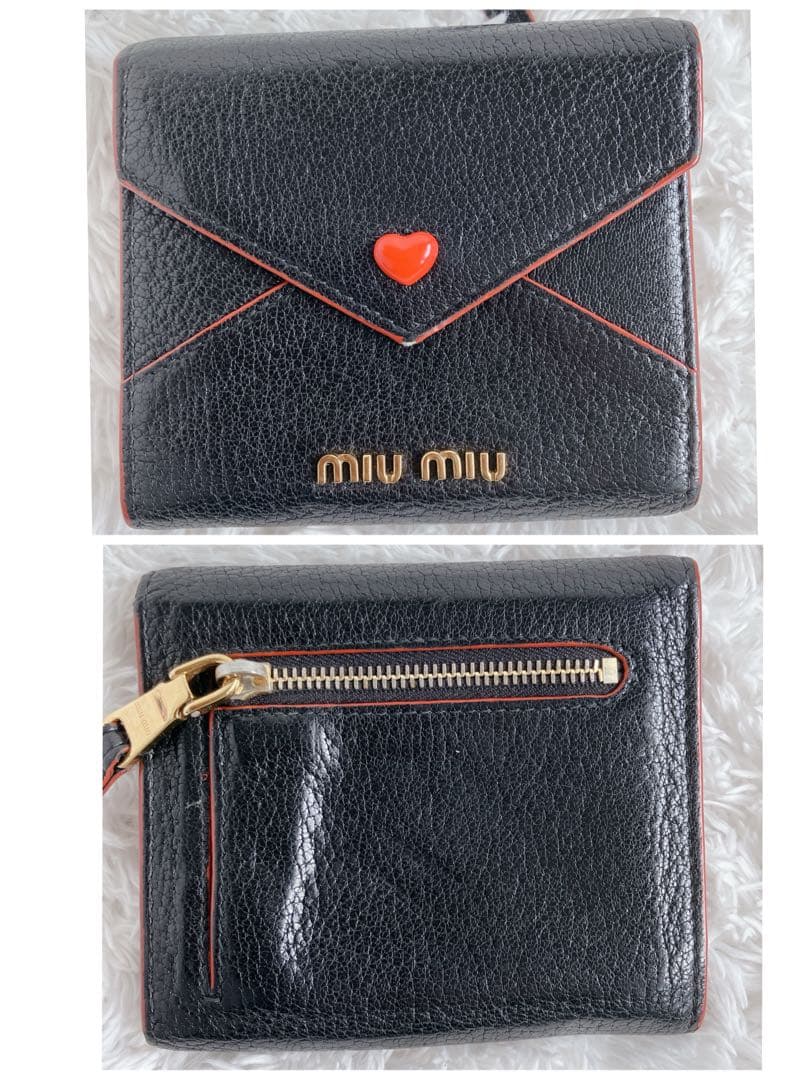 美品✨ミュウミュウ 3つ折り財布 マドラス ラブレター ハート 黒　赤　ゴールド