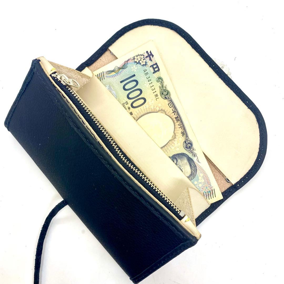 ‼️SALE‼️本革 セミロング財布フラワーコンチョ　BKブラック黒　革紐タイプ