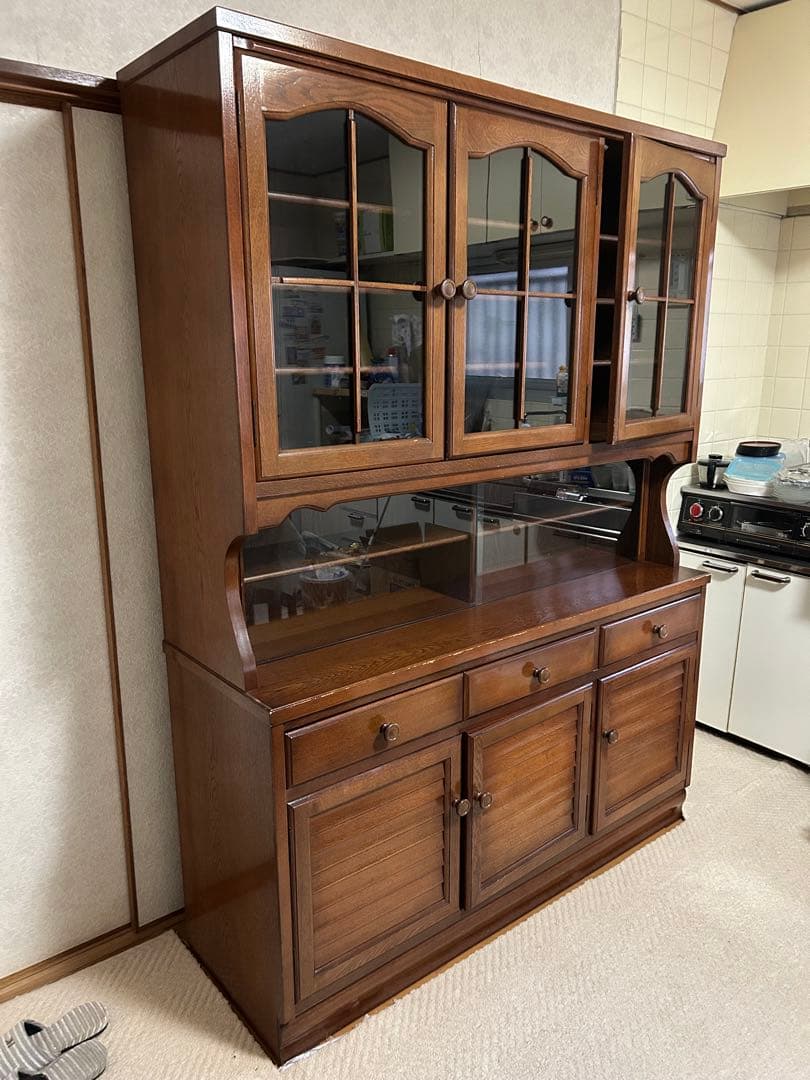 木製ブラウン食器棚 ガラス扉付き　水屋　上段部分だけ　引き取り可能