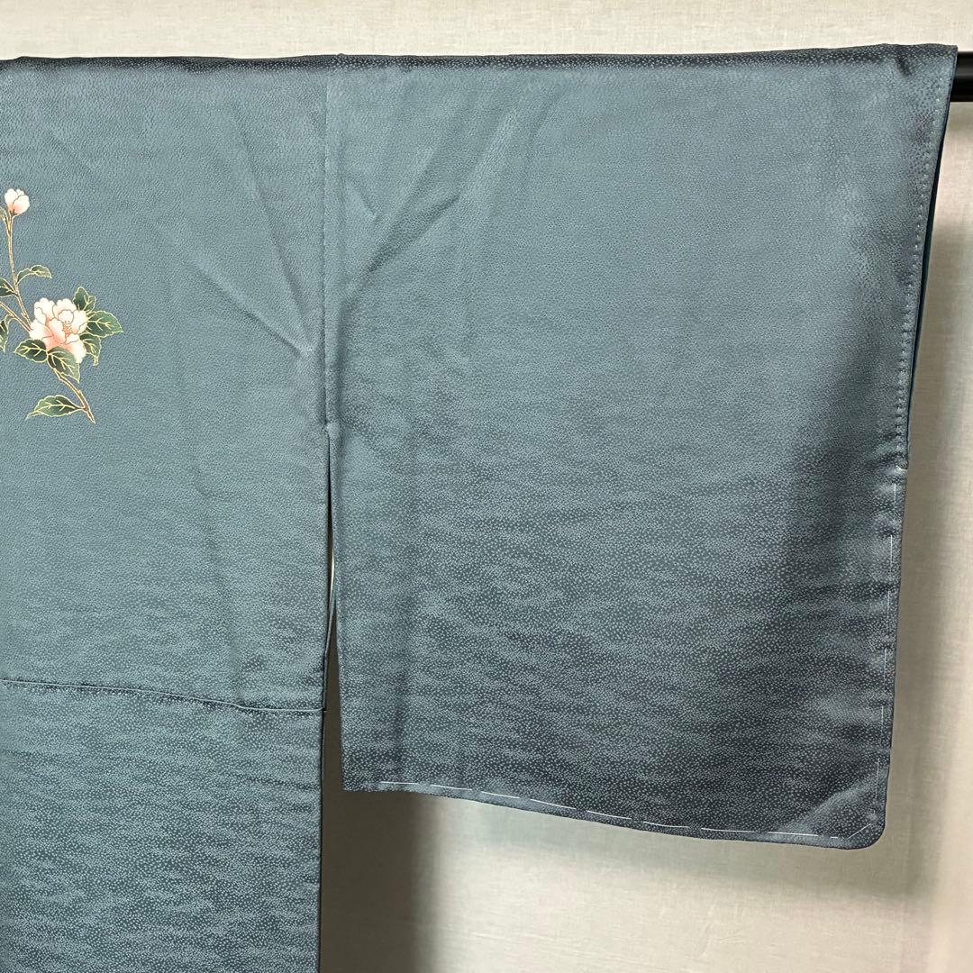 D105訪問着 椿 花模様 正絹 着物 袷 幅広サイズ しつけ糸付き未使用極美品