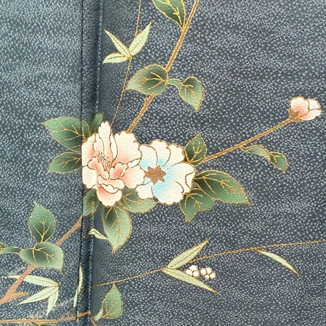 D105訪問着 椿 花模様 正絹 着物 袷 幅広サイズ しつけ糸付き未使用極美品