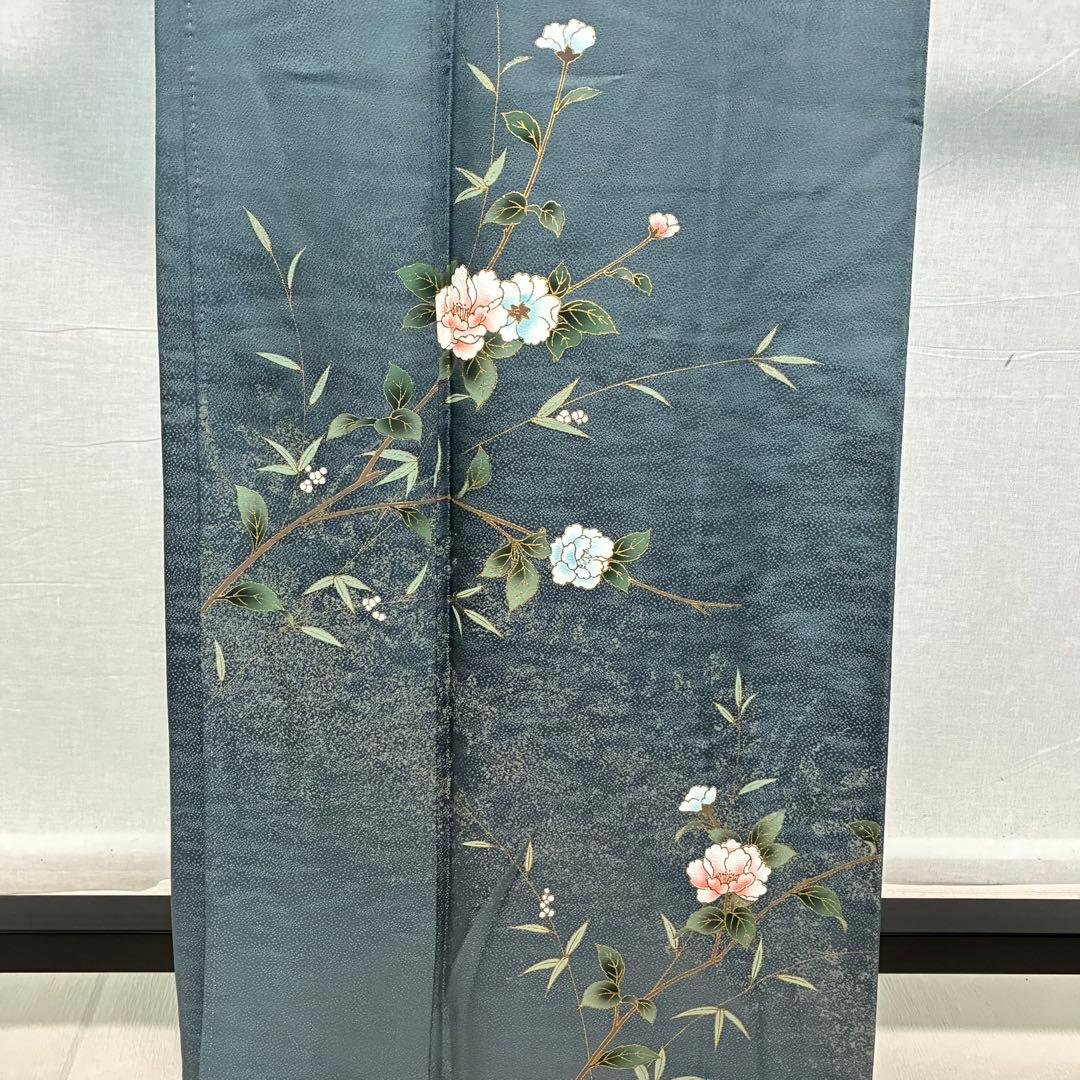 D105訪問着 椿 花模様 正絹 着物 袷 幅広サイズ しつけ糸付き未使用極美品