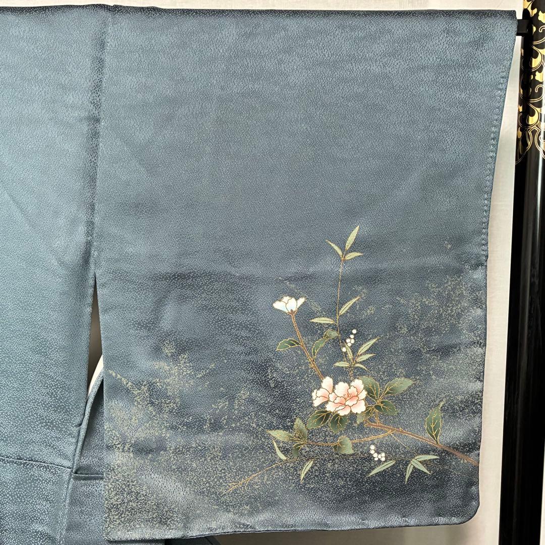 D105訪問着 椿 花模様 正絹 着物 袷 幅広サイズ しつけ糸付き未使用極美品
