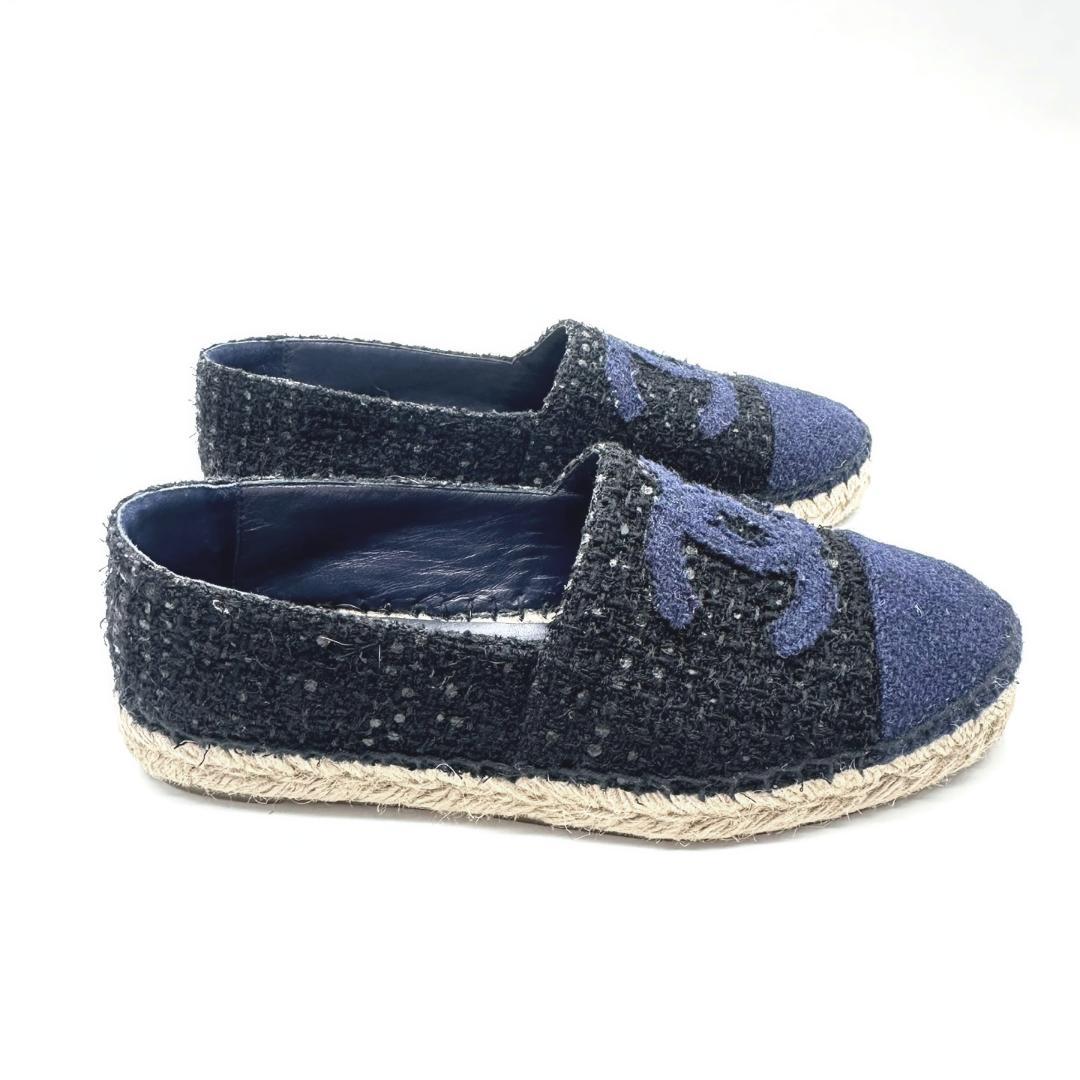 【未使用品】シャネル　ココマークロゴ ツイードエスパドリーユ　ネイビー×ブラック