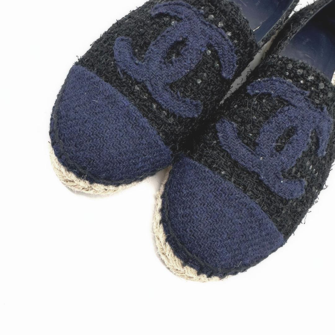 【未使用品】シャネル　ココマークロゴ ツイードエスパドリーユ　ネイビー×ブラック