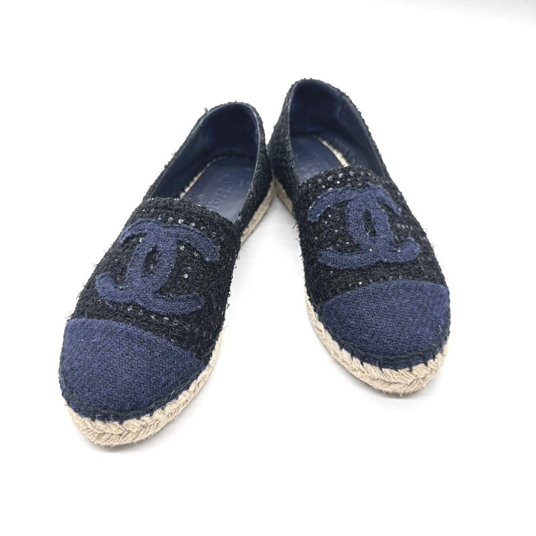 【未使用品】シャネル　ココマークロゴ ツイードエスパドリーユ　ネイビー×ブラック