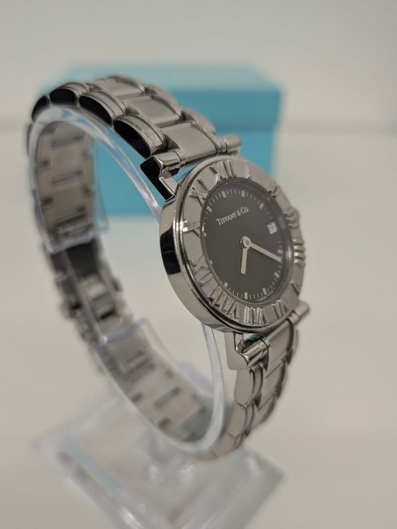 ティファニー　アトラスデイト　レディース腕時計　黒文字盤　ケース共箱有り　稼動品