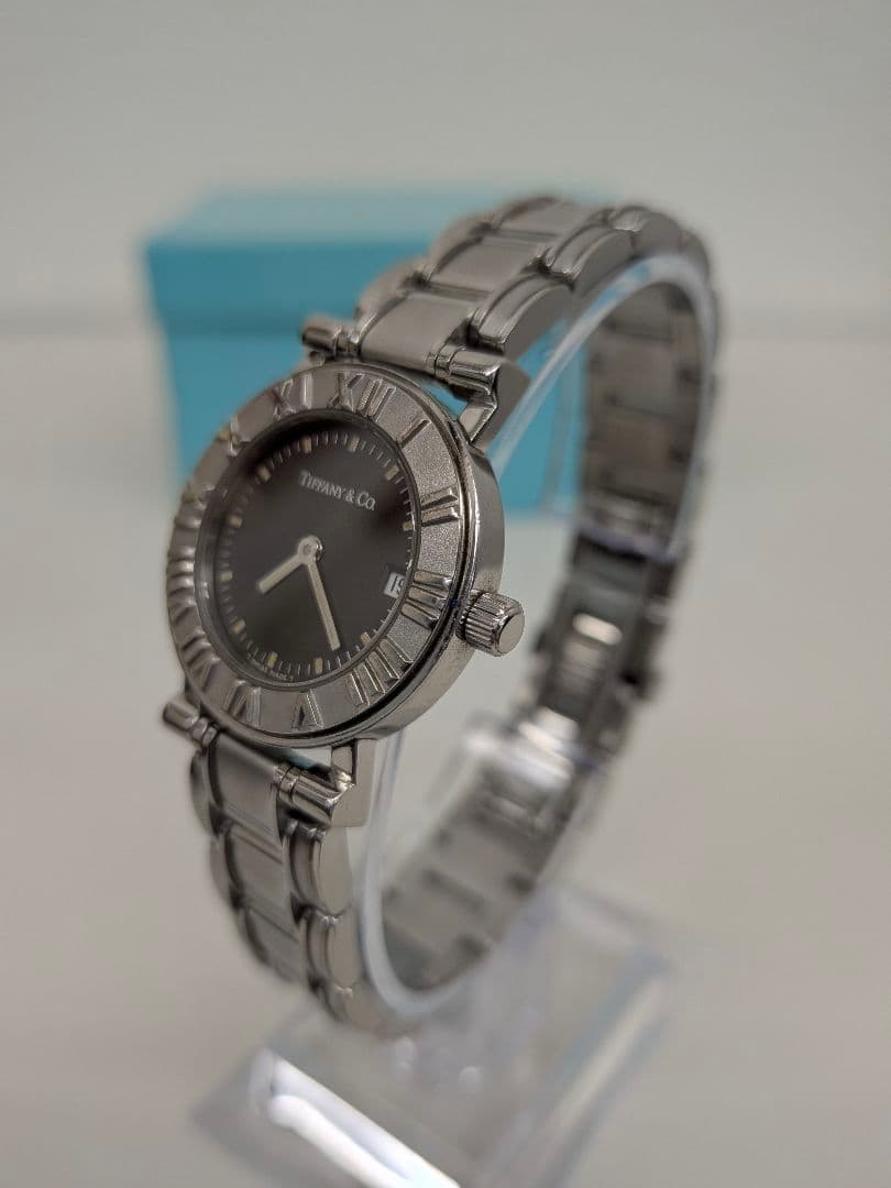 ティファニー　アトラスデイト　レディース腕時計　黒文字盤　ケース共箱有り　稼動品