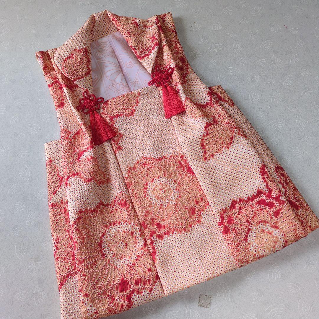 七五三３歳正絹総絞り手縫いの被布（淡いオレンジ色）中綿無し