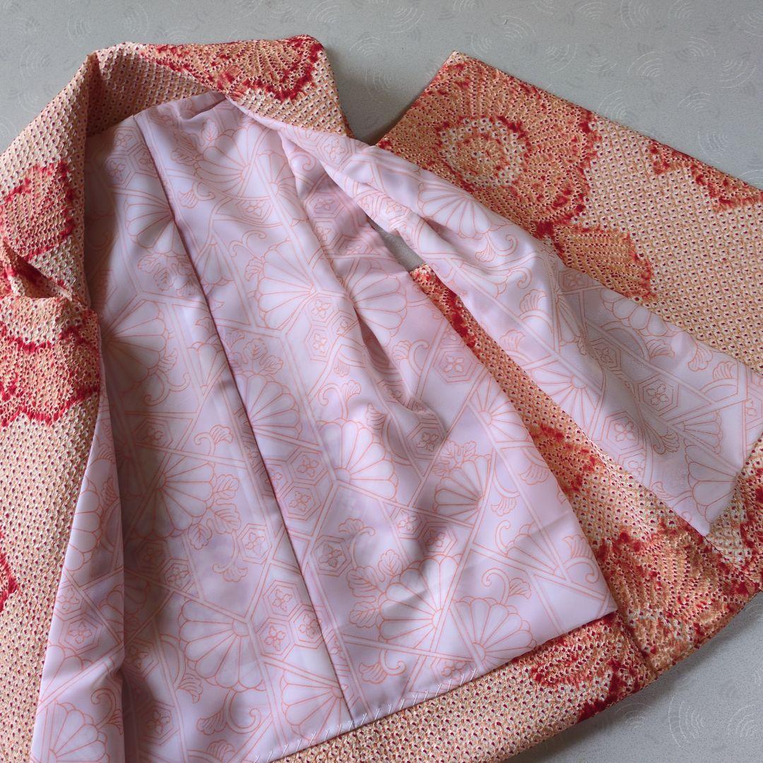 七五三３歳正絹総絞り手縫いの被布（淡いオレンジ色）中綿無し