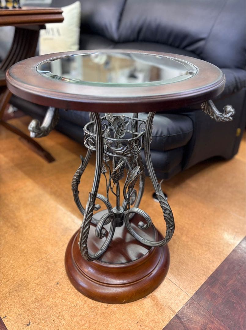 アイアン&木製テーブル リーフモチーフ 天板ガラステーブルアンティーク風レトロ