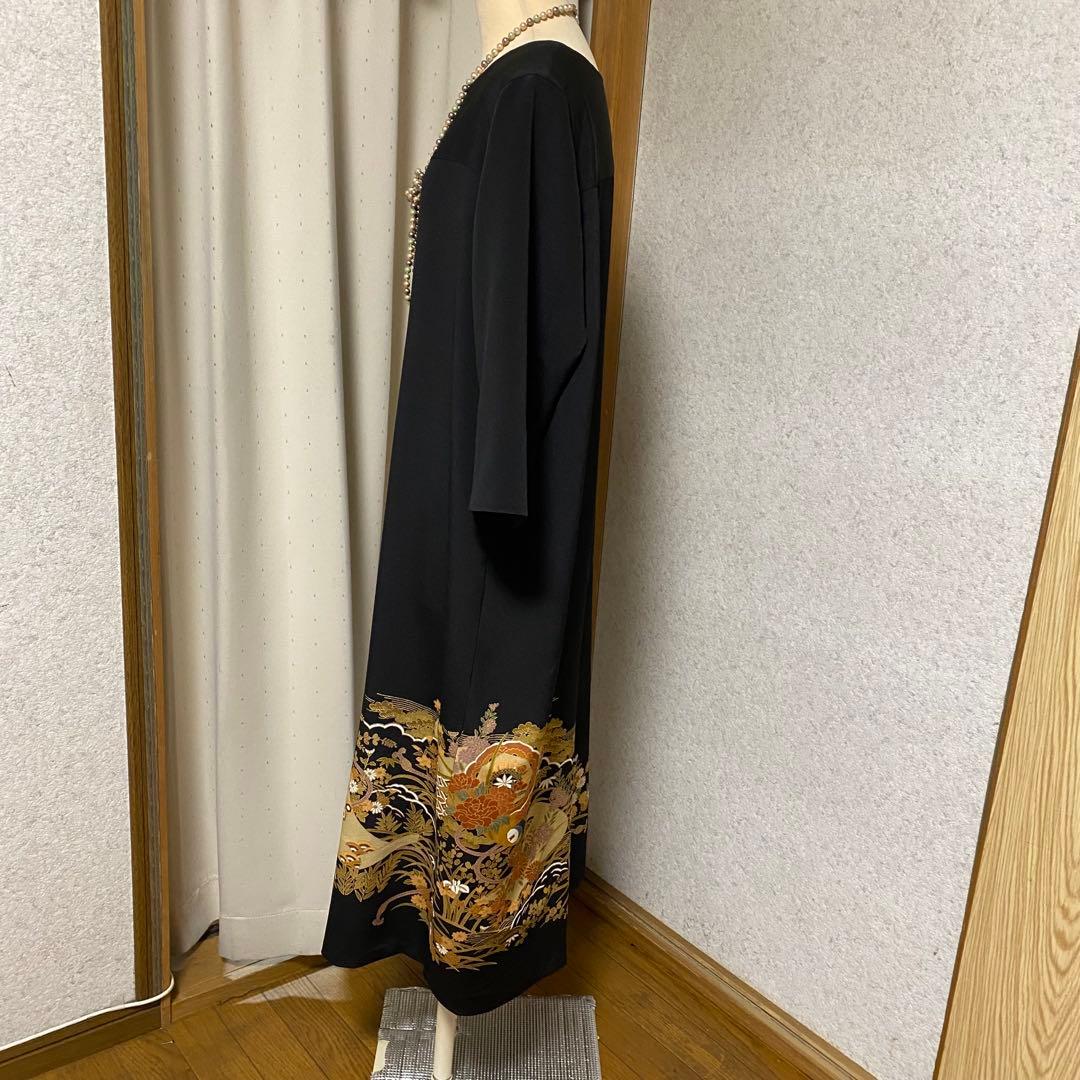 《LL 119cm》黒留袖リメイク ヨーク切り替え 七分袖 シンプルワンピース