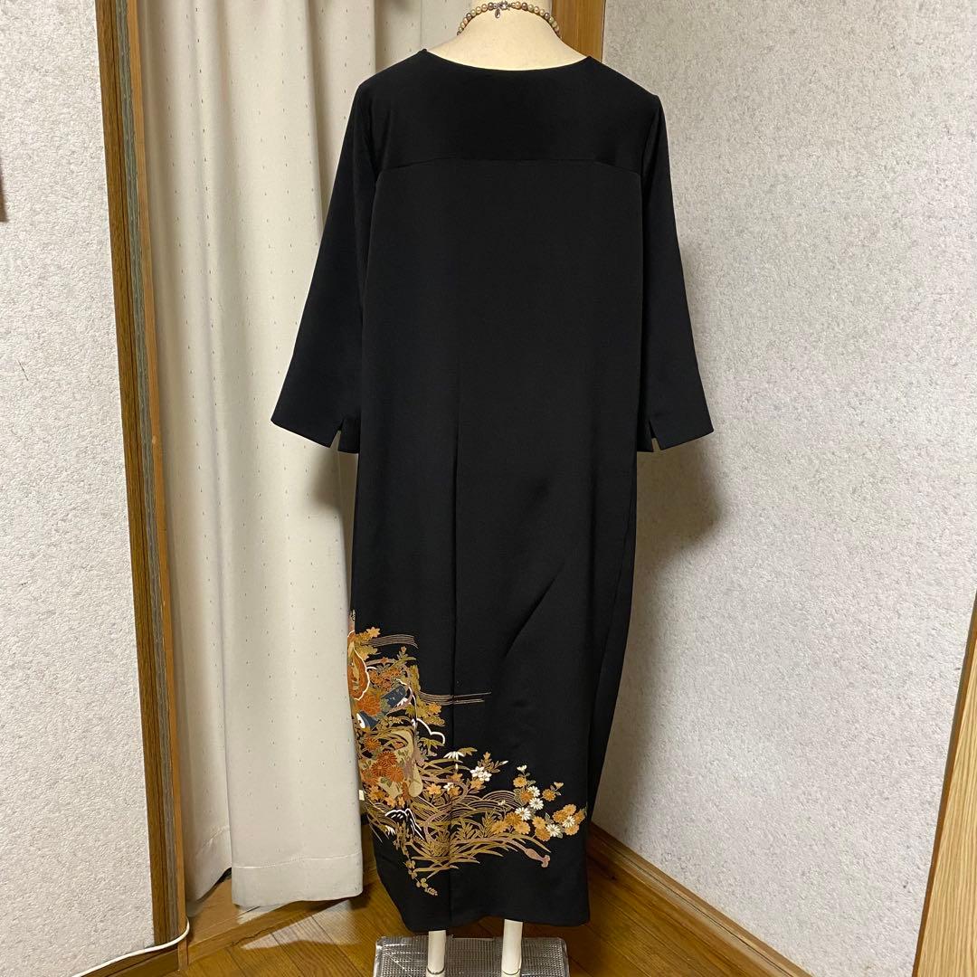 《LL 119cm》黒留袖リメイク ヨーク切り替え 七分袖 シンプルワンピース
