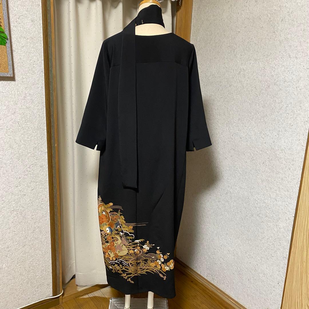 《LL 119cm》黒留袖リメイク ヨーク切り替え 七分袖 シンプルワンピース