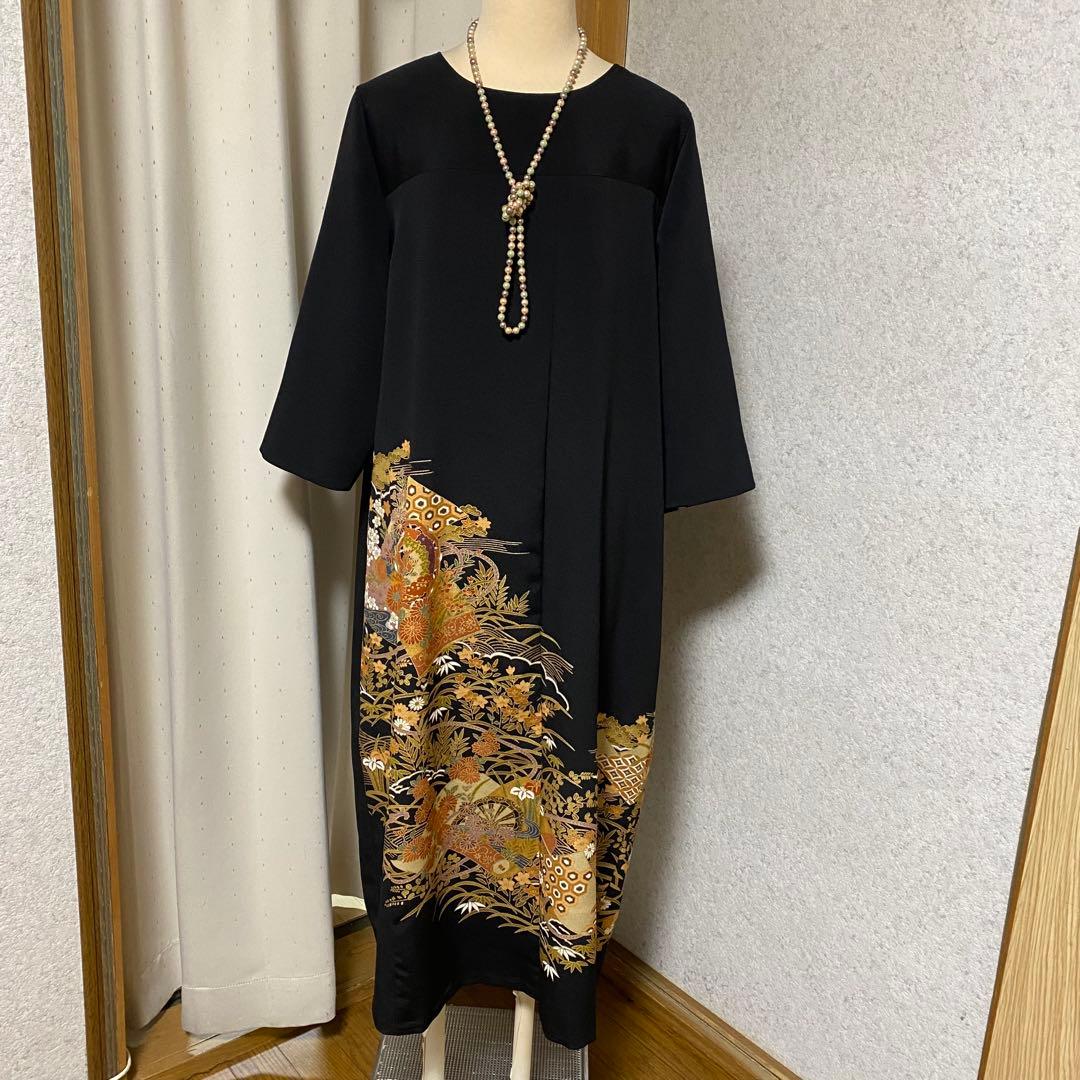 《LL 119cm》黒留袖リメイク ヨーク切り替え 七分袖 シンプルワンピース