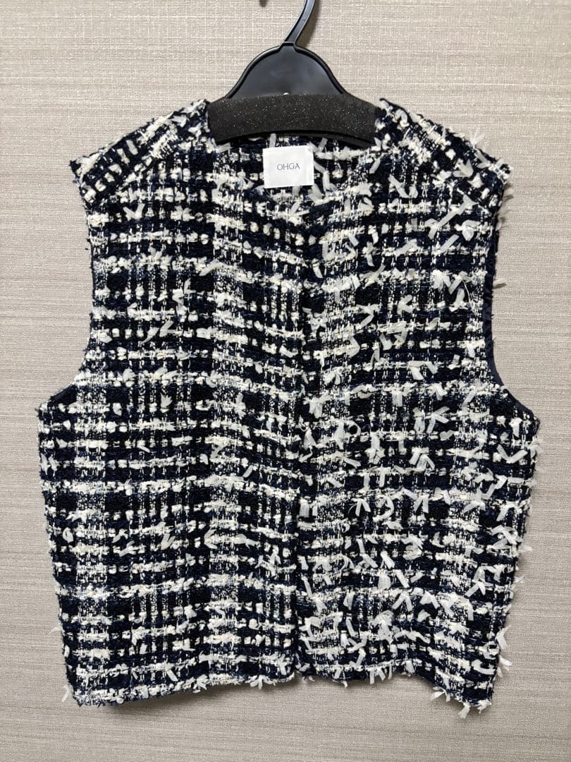 OHGA ネイビー・ホワイト ツイードベスト
