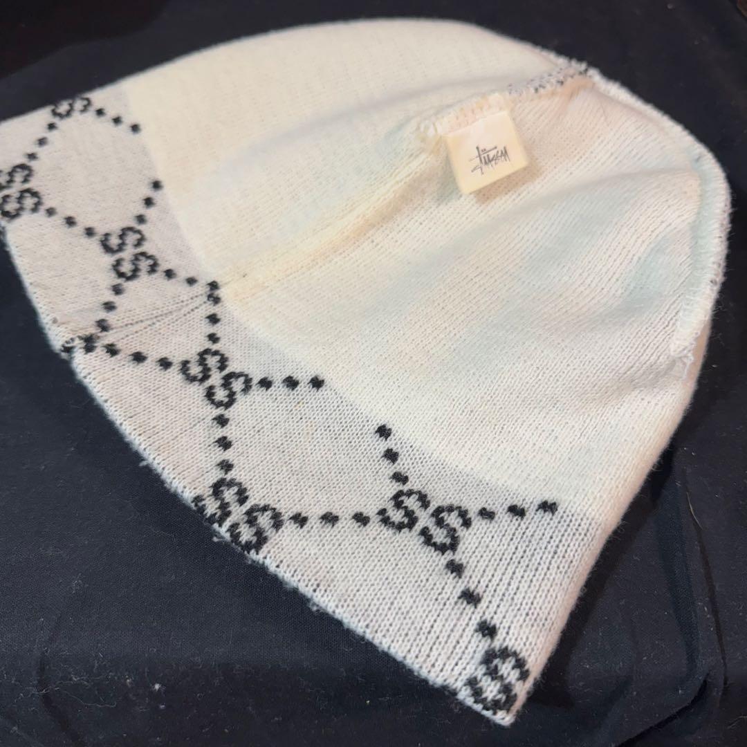 90s OLD STUSSY モノグラム SS ビーニー ホワイト ブラック