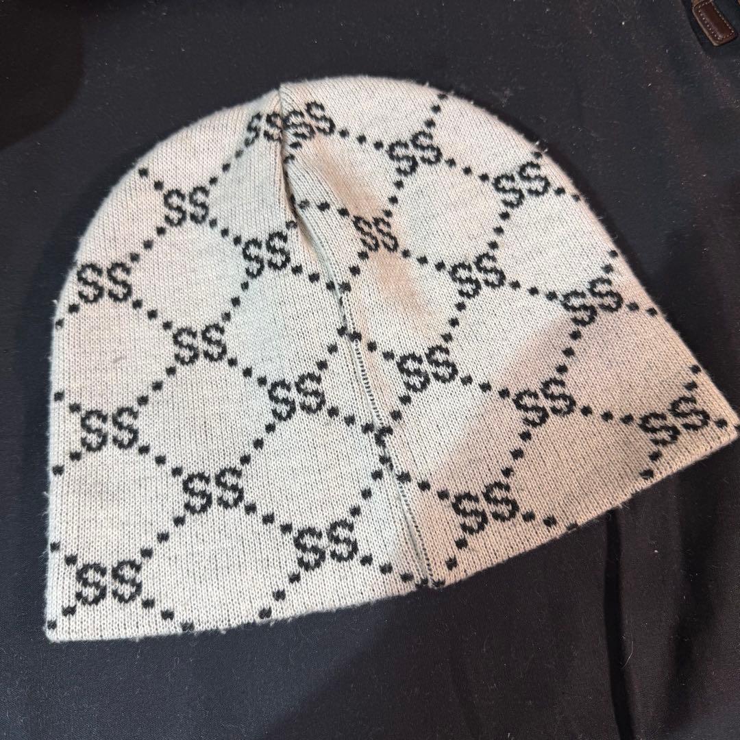 90s OLD STUSSY モノグラム SS ビーニー ホワイト ブラック