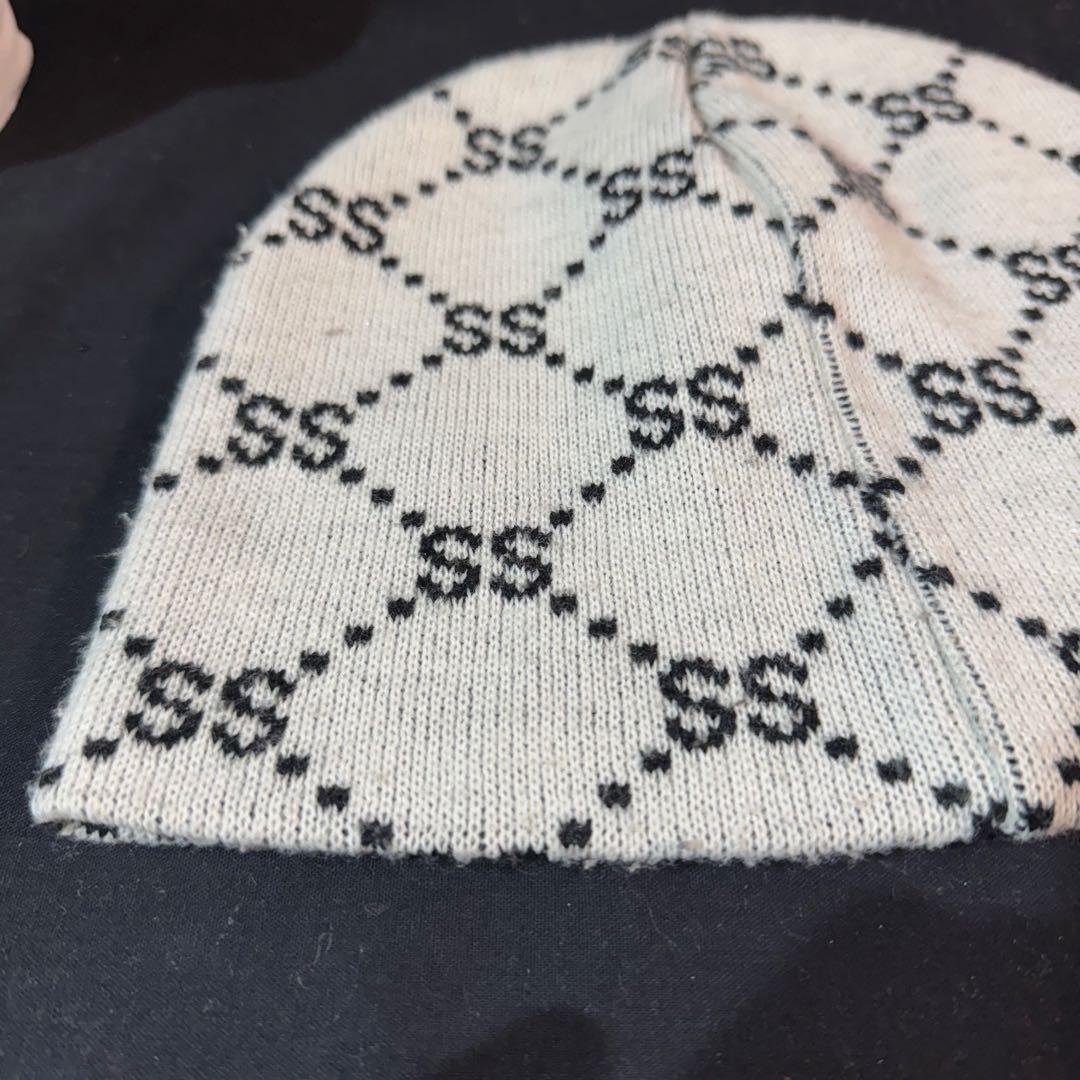 90s OLD STUSSY モノグラム SS ビーニー ホワイト ブラック