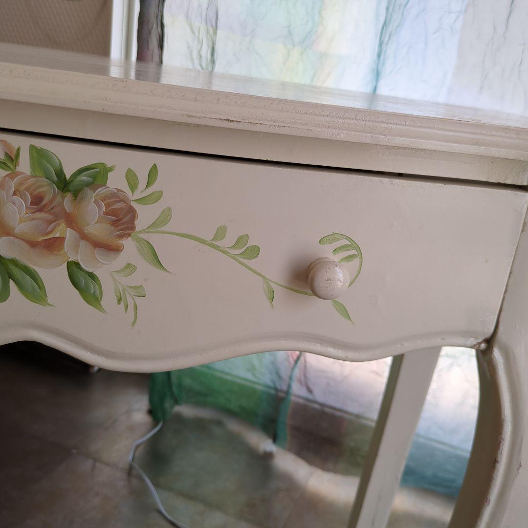 ホワイト バラ サイドテーブル ロココ調 猫脚 引き出し 木製 薔薇