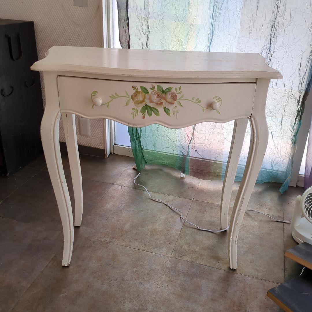 ホワイト バラ サイドテーブル ロココ調 猫脚 引き出し 木製 薔薇