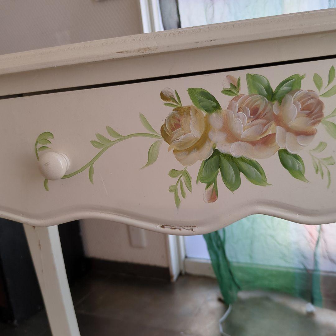 ホワイト バラ サイドテーブル ロココ調 猫脚 引き出し 木製 薔薇