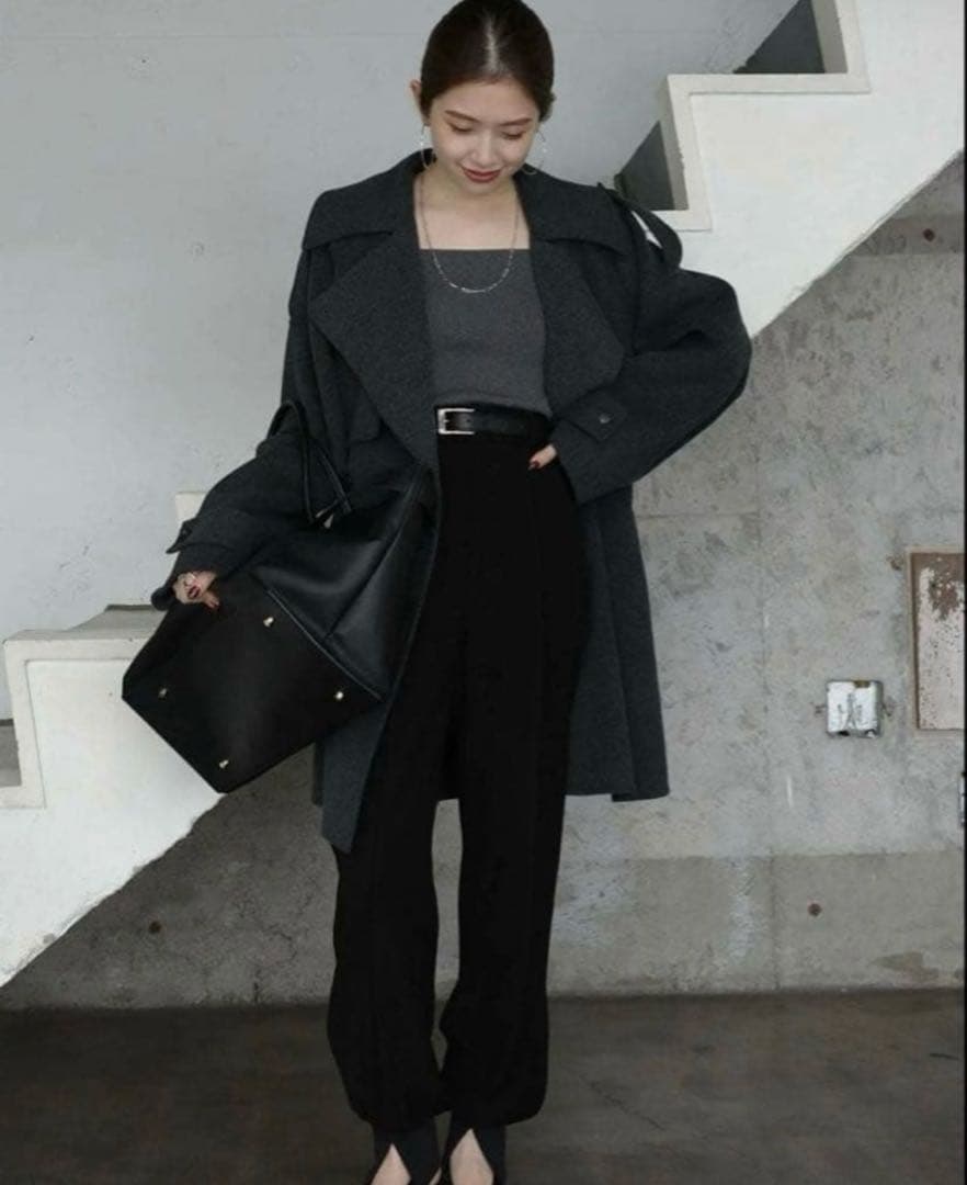 anuans リバーウールミドルトレンチコート　チャコールグレー